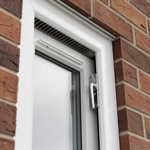Close-up van een wit kunststof kozijn met ingebouwd ventilatierooster en espagnoletslot
