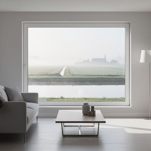 Uitzicht vanuit een woonkamer door een breed kunststof raam over een polderlandschap bij Hendrik-Ido-Ambacht
