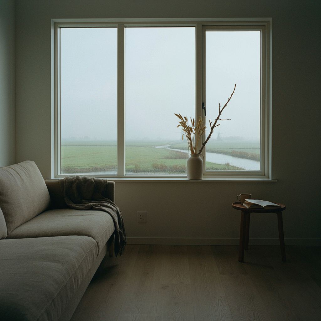 Uitzicht vanuit een woonkamer door een breed kunststof raam over de Hollandse IJssel bij Krimpen aan den IJssel