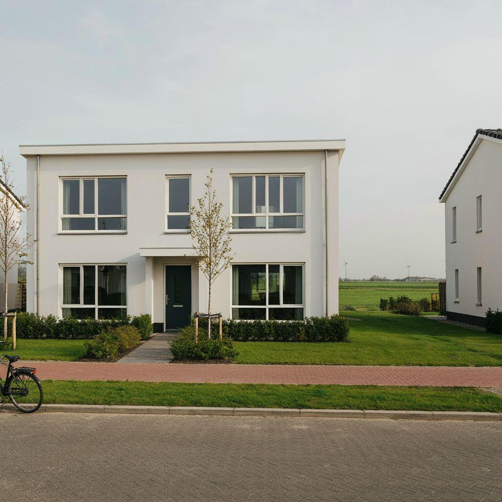 Moderne nieuwbouwwoning in een woonwijk in Barendrecht met witte kunststof kozijnen