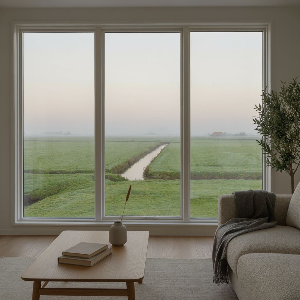 Licht interieur met een breed kunststof raam dat uitkijkt over de polder bij Strijen