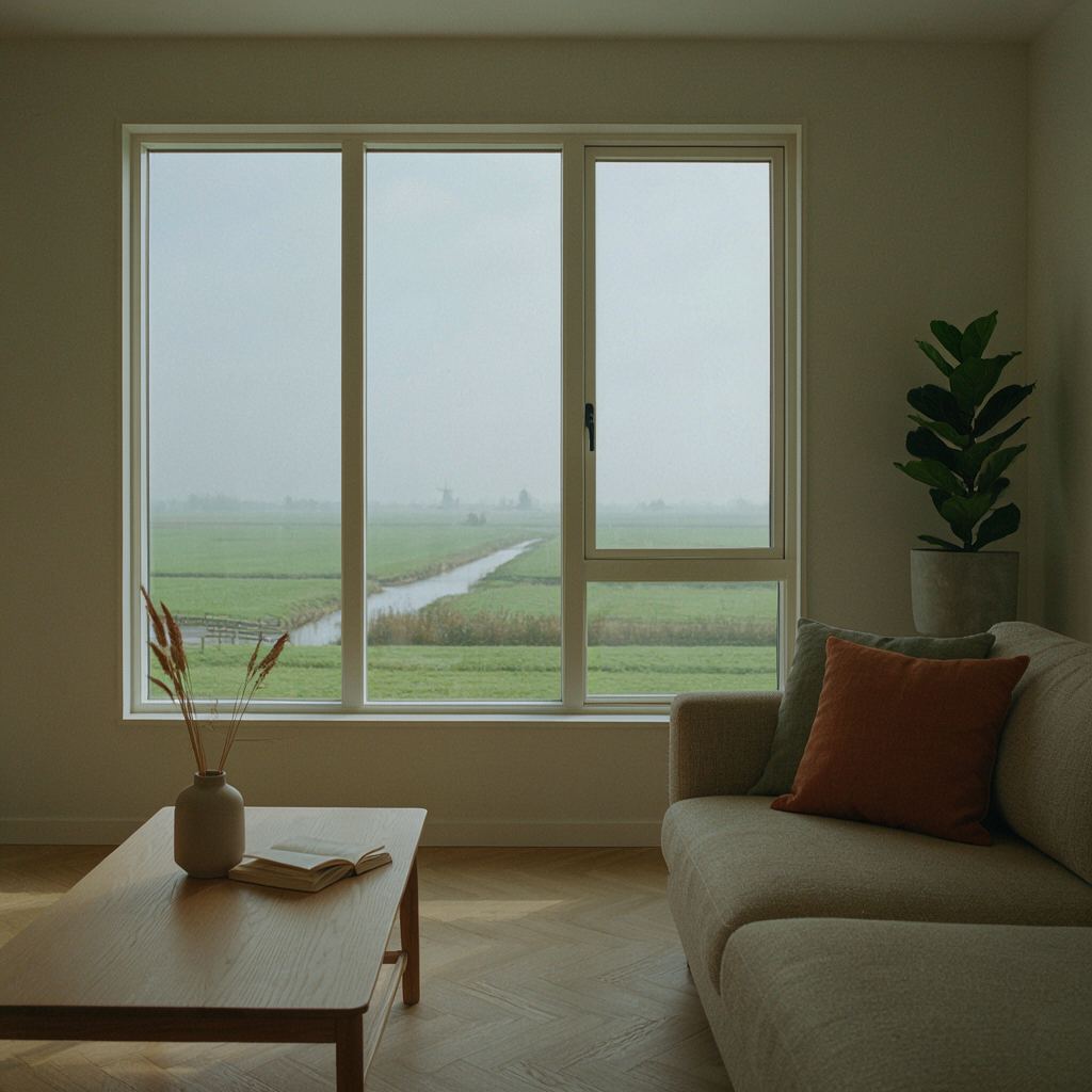 Licht woonkamerinterieur met uitzicht via een groot kunststof raam naar het polderlandschap van de Hoeksche Waard