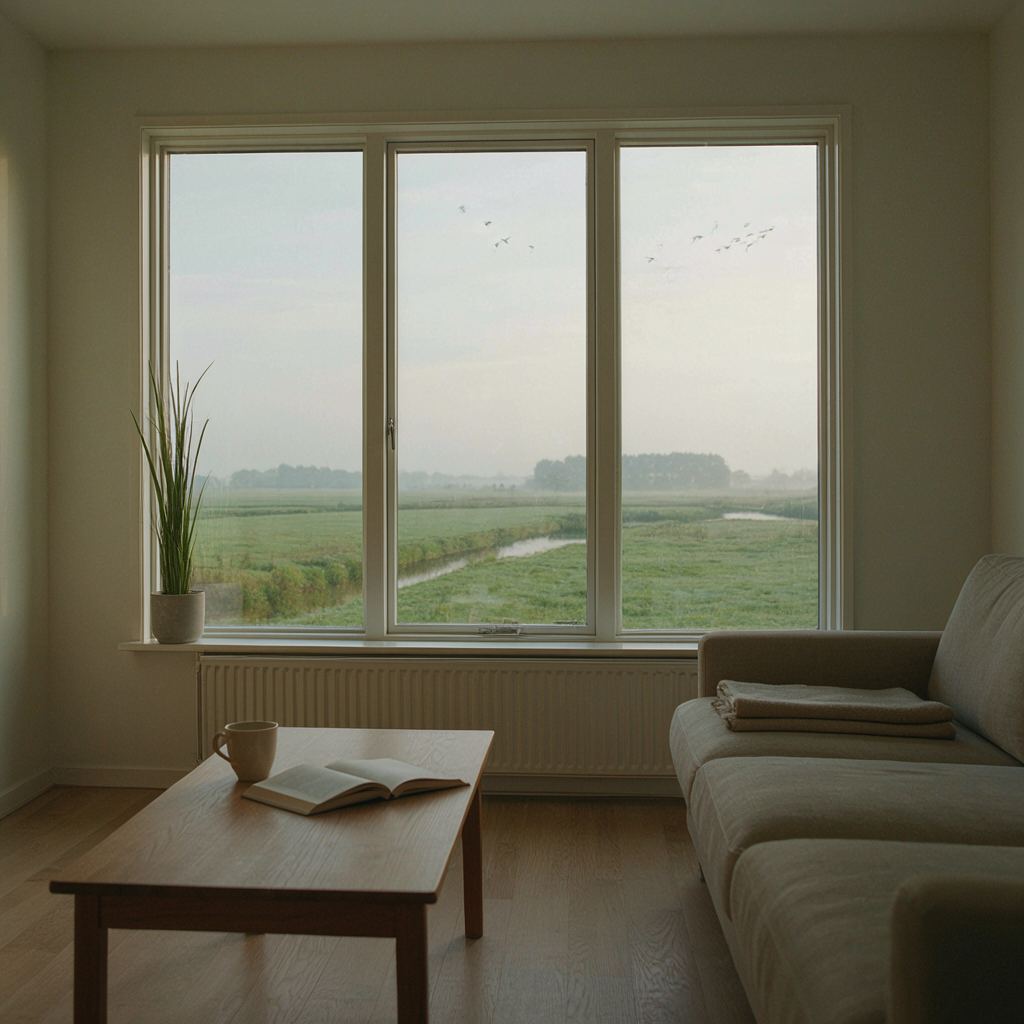 Uitzicht vanuit een woonkamer door een breed kunststof raam over een speeltuin in Rotterdam-Zuid