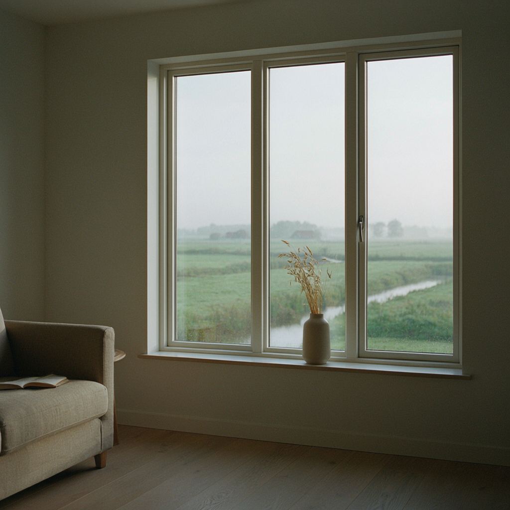 Uitzicht vanuit een woonkamer door een breed kunststof raam over het polderlandschap bij Oud-Beijerland