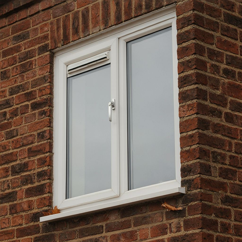 Detail van een wit kunststof kozijn met ventilatierooster en espagnoletslot