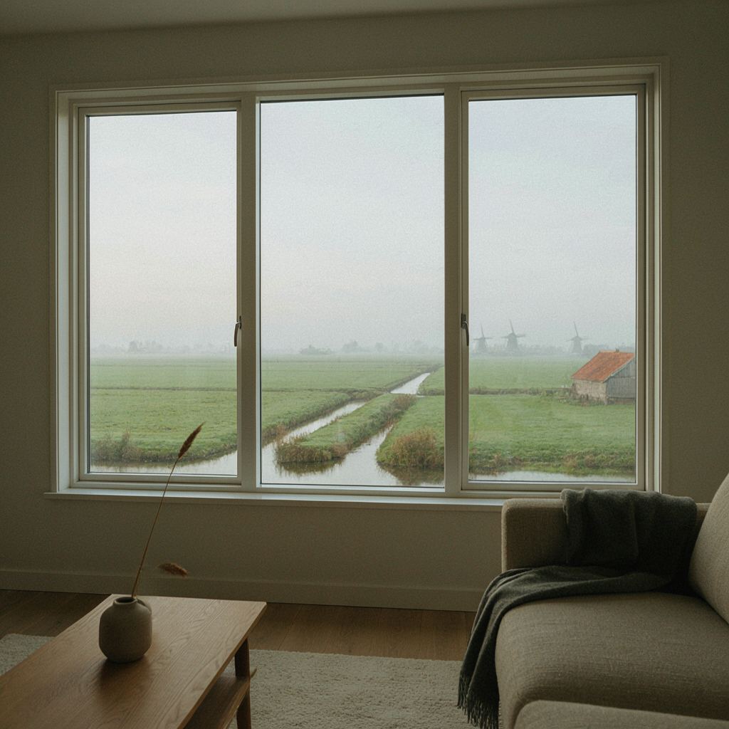 Helder uitzicht vanuit een lichte zithoek door een groot kunststof raam over het water bij Alblasserdam