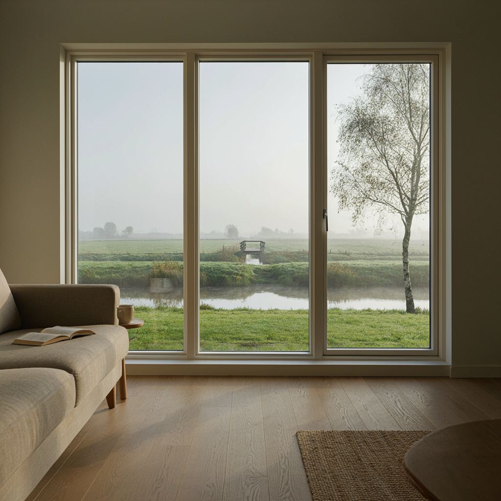 Zicht vanuit een woonkamer via een groot kunststof raam over het water bij de Hollandsche IJssel in Capelle