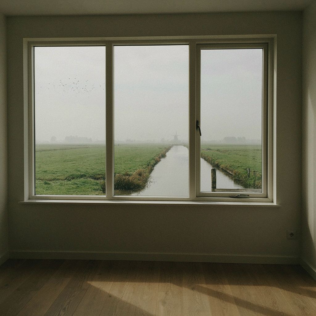 Licht interieur met zicht door een groot kunststof raam op de groene polder rondom Puttershoek