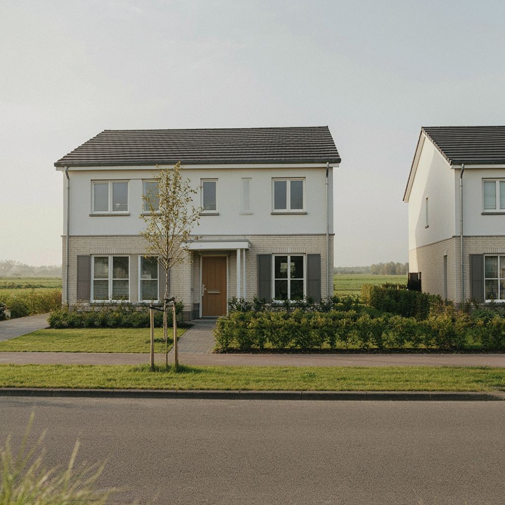 Moderne nieuwbouwwoning in een woonwijk in Hendrik-Ido-Ambacht met witte kunststof kozijnen