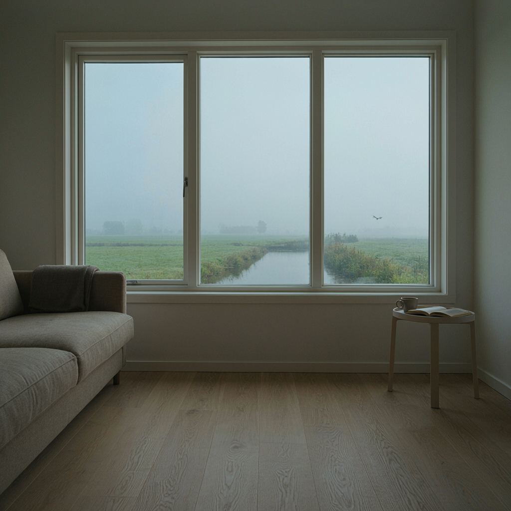 Uitzicht vanuit een woonkamer door een breed kunststof raam over een polderlandschap bij Hendrik-Ido-Ambacht