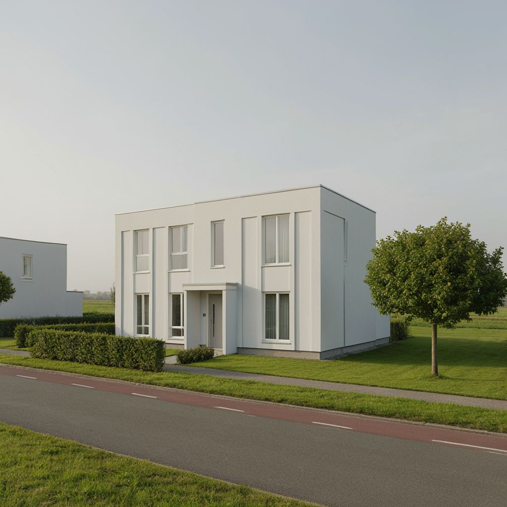 Rijtjeswoning in Maasdam voorzien van fresh witte kunststof kozijnprofielen en een donkere voordeur met glaspartij