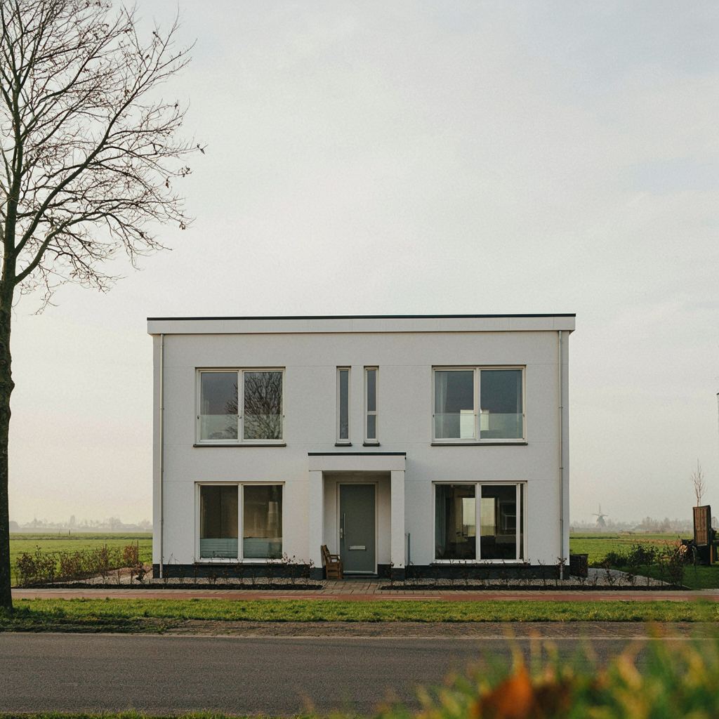 Moderne nieuwbouwwoning in een woonwijk in Hendrik-Ido-Ambacht met witte kunststof kozijnen