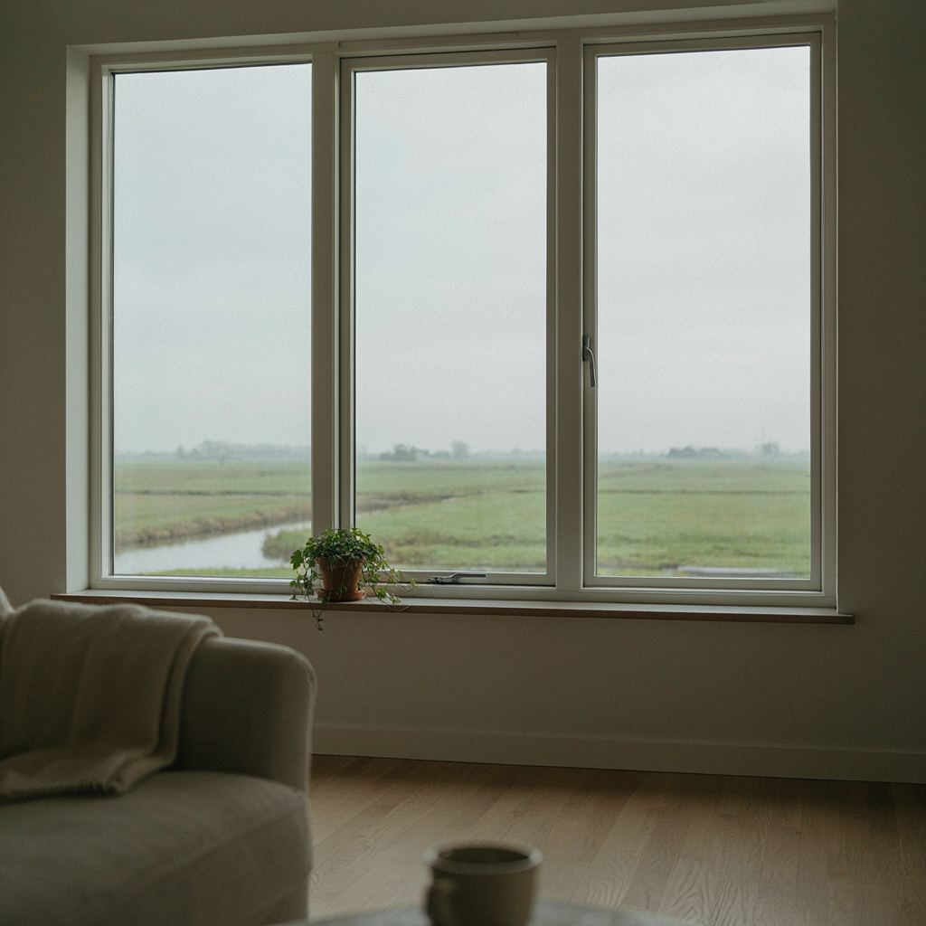 Lichte woonkamer met uitzicht op een Gorcumse gracht door een breed raam met houtlook kunststof kozijnen