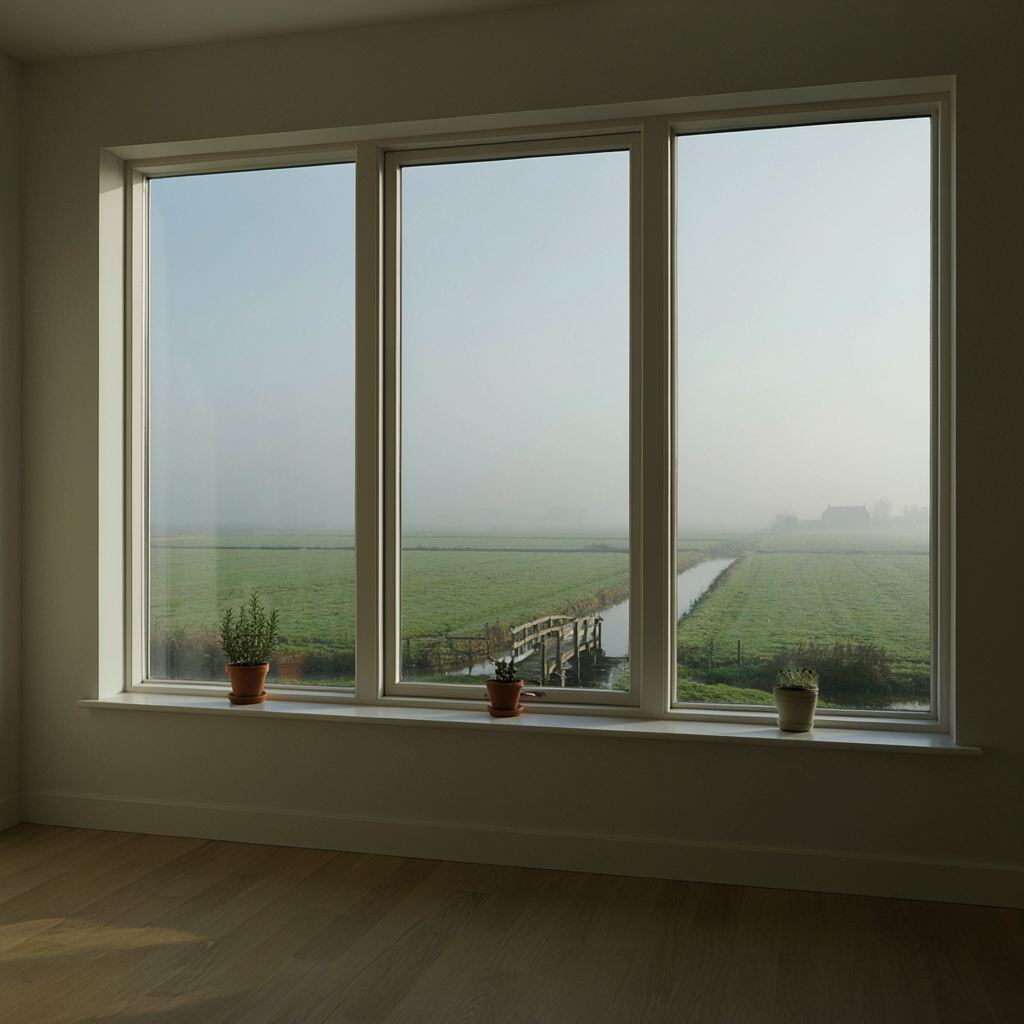 Licht interieur met breed uitzicht vanuit de living door een kunststof raam over het Hollandse landschap bij 's-Gravendeel