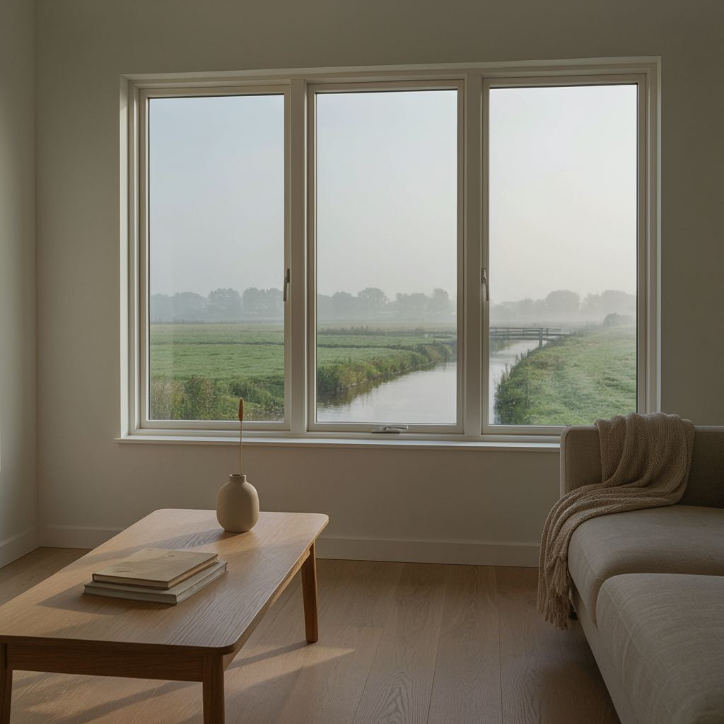 Panoramisch uitzicht door een strak kunststof raam op de uiterwaarden en rivier nabij Sliedrecht