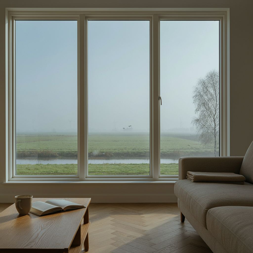 Uitzicht vanuit een woonkamer door een breed kunststof raam over het Hollandse landschap bij Ridderkerk