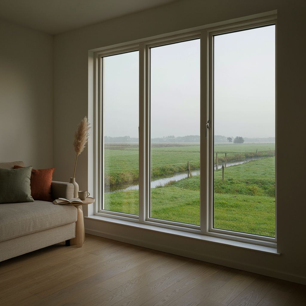 Uitzicht vanuit een woonkamer door een breed kunststof raam over een polderlandschap bij Hendrik-Ido-Ambacht