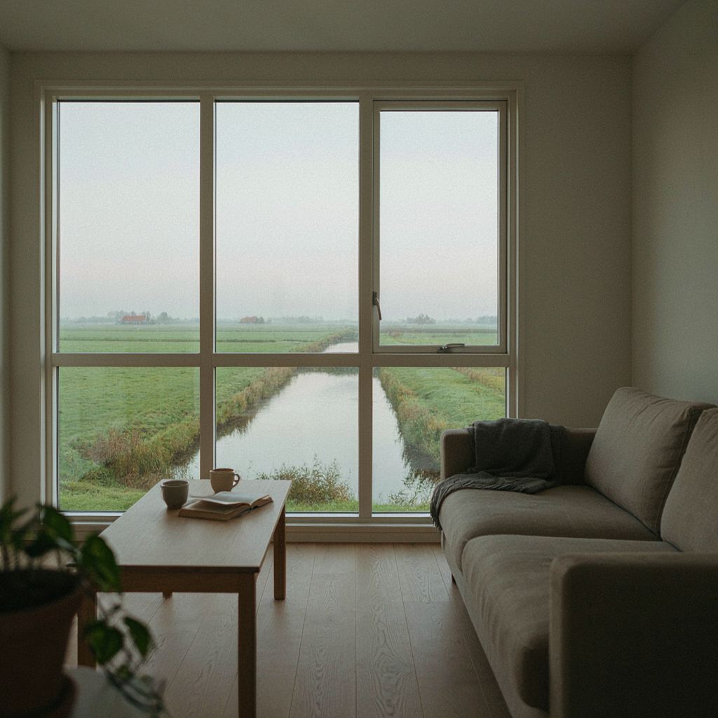 Woonkamer in Zwijndrecht met uitzicht door groot kunststof raam op de rivier