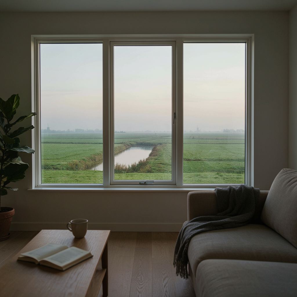 Doorzicht vanuit een lichte woonkamer via hoog kunststof kozijn met uitzicht op het groen rondom de Oud-Maas bij Maasdam