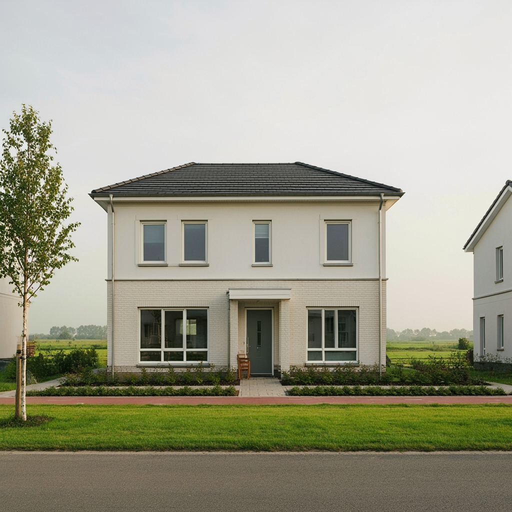 Moderne nieuwbouwwoning in een woonwijk in Hendrik-Ido-Ambacht met witte kunststof kozijnen