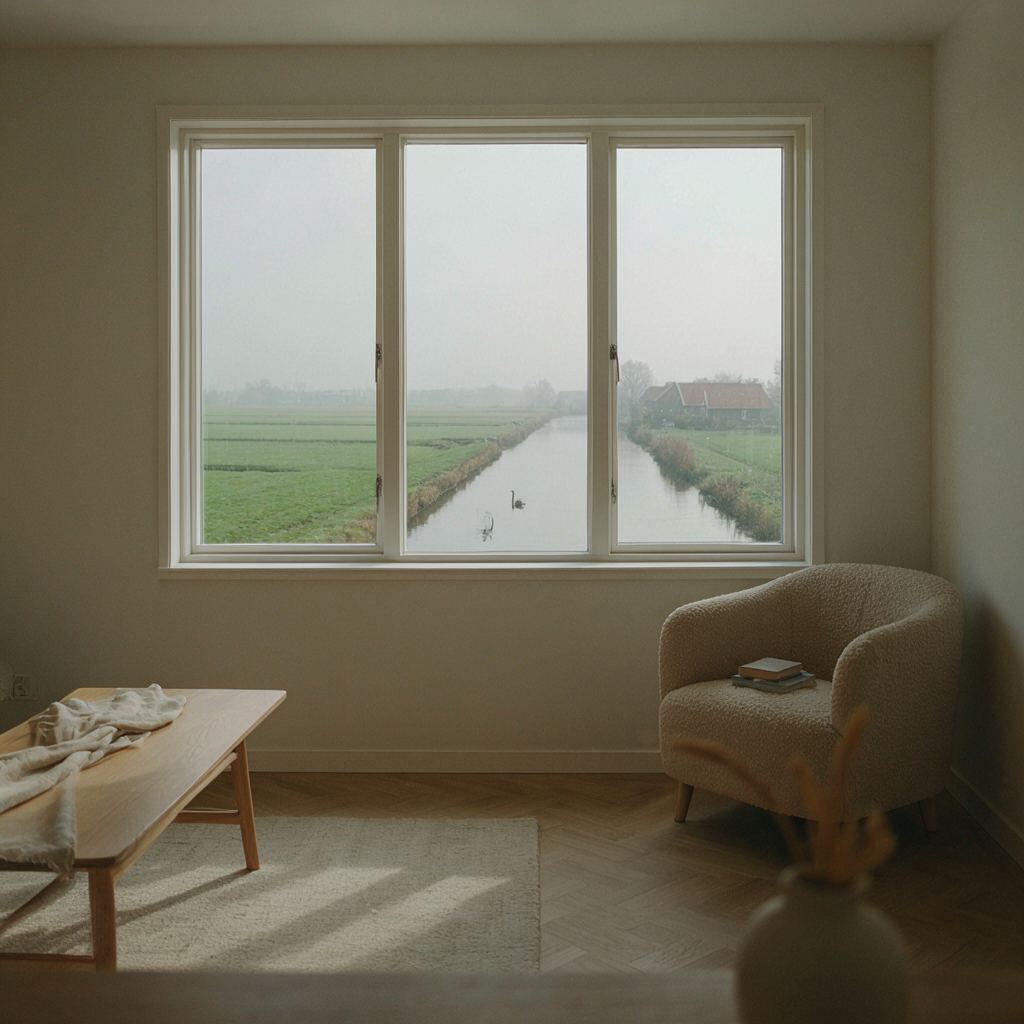 Uitzicht vanuit een woonkamer door een breed kunststof raam over een polderlandschap bij Barendrecht