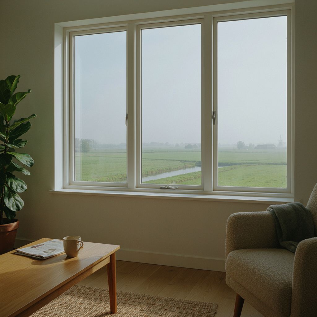 Uitzicht vanuit een woonkamer door een breed kunststof raam over een polderlandschap bij Hendrik-Ido-Ambacht